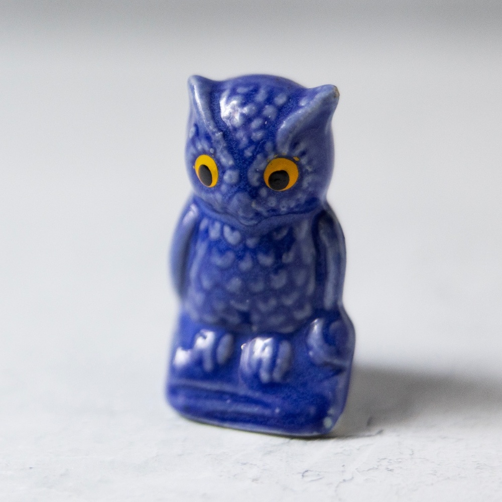 NANCO Japan blue owl figurine with yellow eyes tiny miniature ceramic vintage